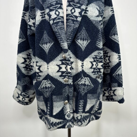 Lauren Ralph Lauren Jacket Women's L Blue Aztec Fleece Shawl Collar Western 90s - Picture 3 of 11